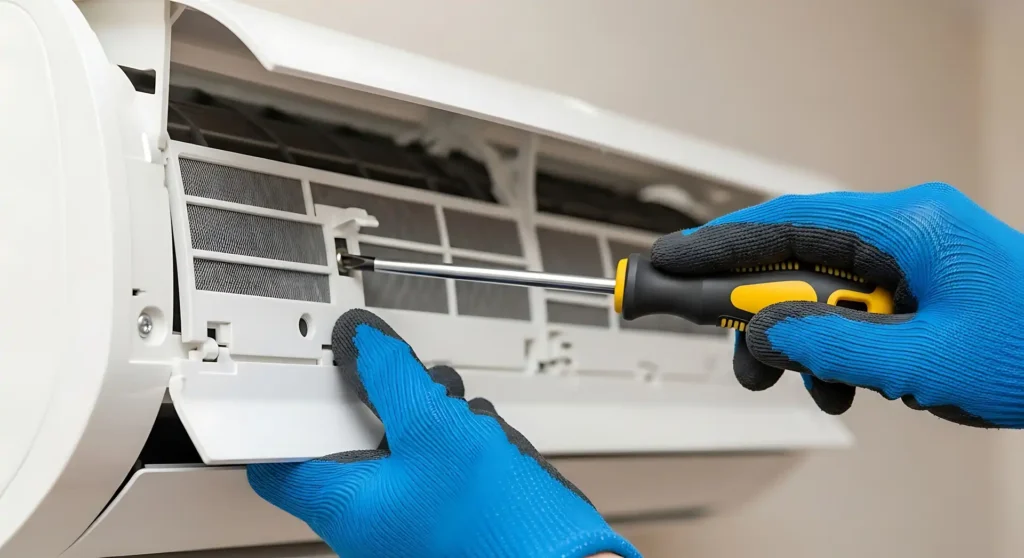 Technician repairing an air conditioner with a screwdriver