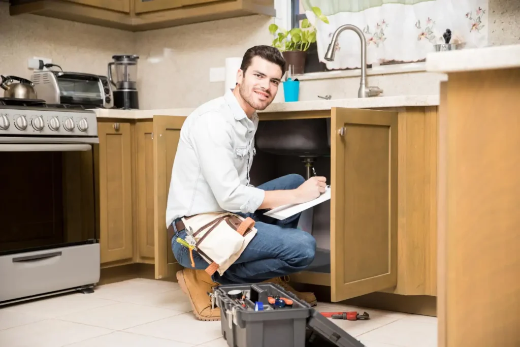 Technician repairing a kitchen sink under the cabinet