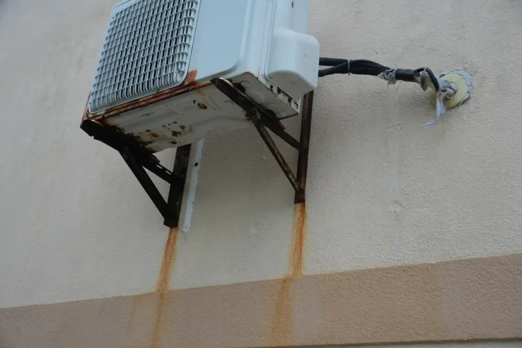 Rusty outdoor air conditioner unit with water damage stains on the building wall