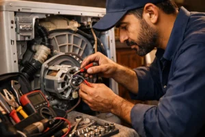 فني غسالات محترف يقوم بصيانة غسالة أوتوماتيك داخل المنزل في حي ظهرة لبن بخبرة ودقة عالية