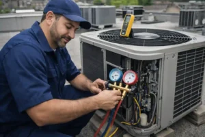 a technician is repairing ac exhauster on roof